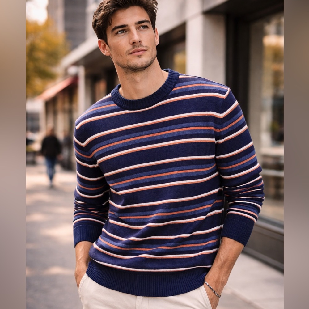 Calvin Klein Men's Navy and Red Striped Crewneck Sweater
